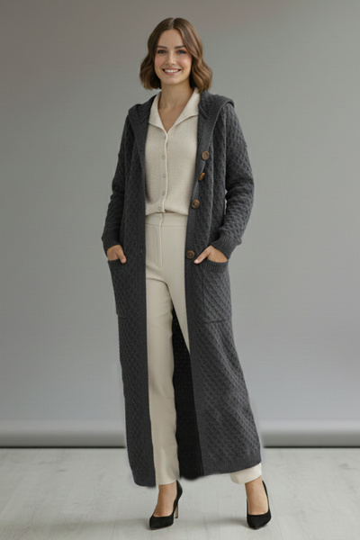 benguen Hooded Patterned Long Knit Cardigan R4328 Anthracite