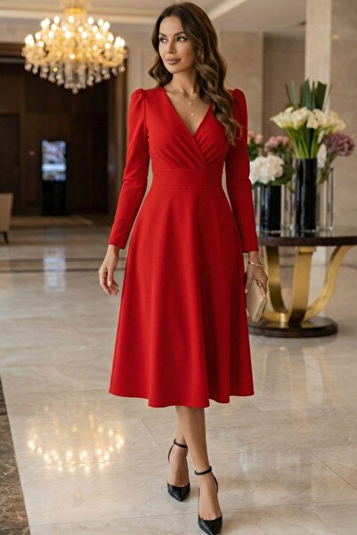 Mossta V-Neck Stylish Red Evening Dress Midi Dress