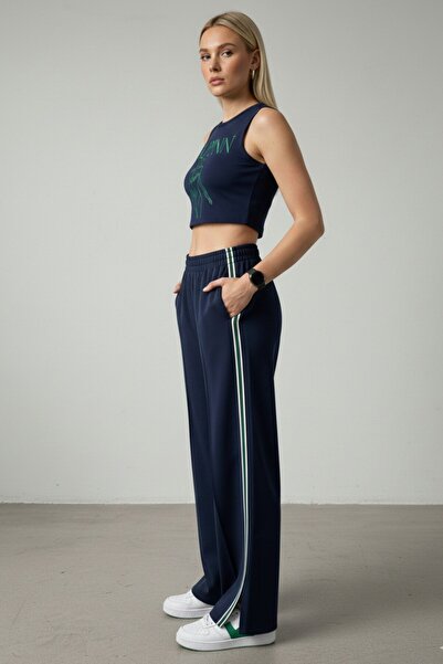 Kübra Tekstil Women's Navy Blue Wide Leg Side Stripe Sports Sweatpants - Women's Sweatpants