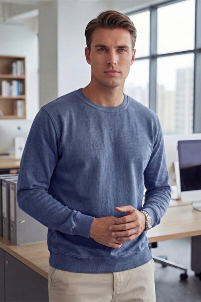 Veleno سترة رجالية زرقاء من قماش سالونيك بياقة دائرية، تصميم مريح مع أكمام وح...