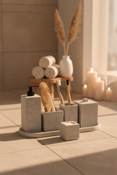 betonmall 7 Piece Marble Patterned Concrete Bathroom Set Soap Dish Toothbrush Holder Cotton Holder Candle Holder Tray Cobalt