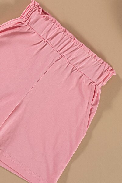 FOR YOU MODA Gestreiftes, verziertes T-Shirt-Shorts-Set in Rosa mit Tasche