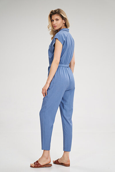 Figl Salopetă elegantă cu mânecă scurtă - salopetă cu legături în talie albastră M695 mărimea L