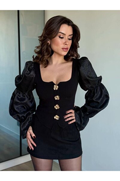 DENİZ Balon Kol Düğme Detaylı Modern Bluz