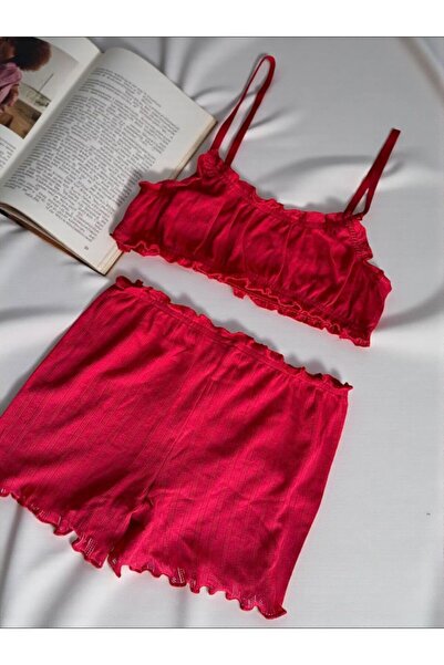dem merys Red Ribbed Knit Askili Shorts Bottom Top Set