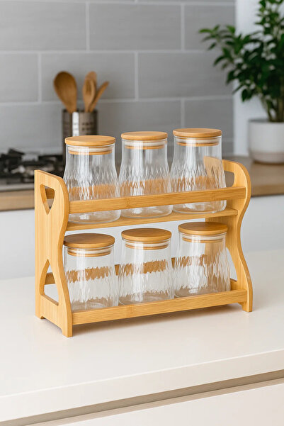 Urbanza 6 Glass Storage Jars Set with Bamboo Lids & Wooden Spice Rack – Kitchen Organizer