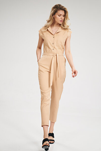 Figl Elegant short sleeve jumpsuit - waist tie jumpsuit, beige M695, size M