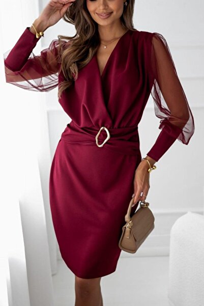 Mossta Double-Breasted Mini Imported Crepe Dress with Collar Belt - Burgundy