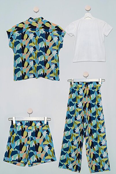 FOR YOU MODA 4-teiliges Set aus marineblau gemustertem Hemd, T-Shirt, Hose und Shorts