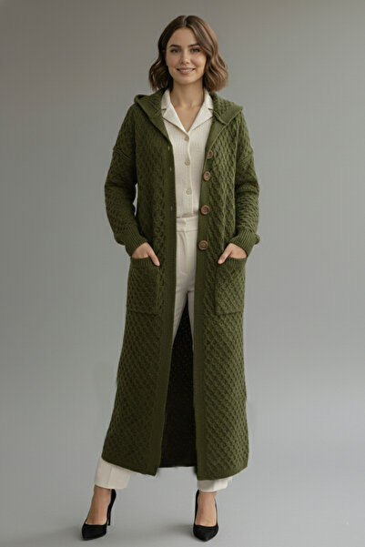 benguen Hooded Patterned Long Knit Cardigan R4328 Khaki