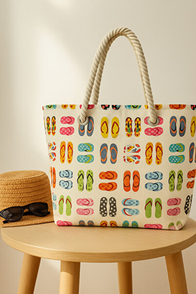 homyjr's Beach Slippers Patterned Large Size Picnic and Beach Bag – Rope Handle – 55X36X15 cm