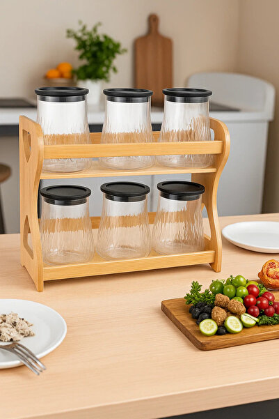 Urbanza 6 Glass Storage Jars with Black Lids & Wooden Rack – Kitchen Spice Organizer Set