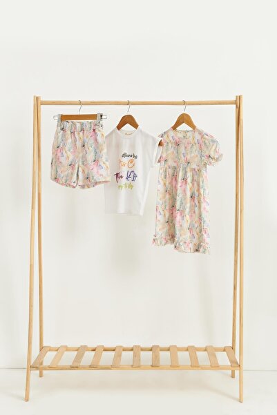 FOR YOU MODA 3-teiliges gelbes T-Shirt-Kleid und Shorts-Set