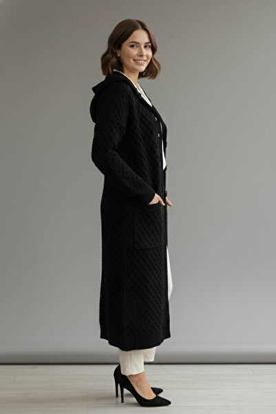 benguen Μακρύ πλεκτό ζακέτα με κουκούλα R4328 Μαύρο