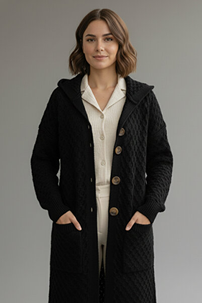 benguen Μακρύ πλεκτό ζακέτα με κουκούλα R4328 Μαύρο