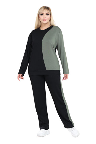 MELSAY Women's Plus Size Black-Green Color Block Modal Tracksuit Set
