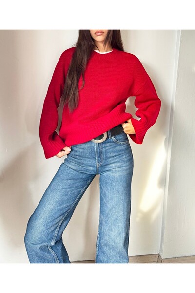 Azimutgiyim Women's Crew Neck Oversized Knitwear Sweater Red