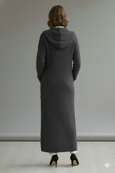 benguen Hooded Patterned Long Knit Cardigan R4328 Anthracite