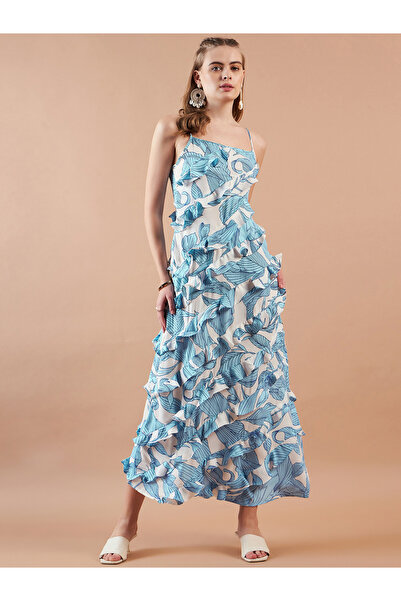 Freehand By Styli Tropical Print Ruffled Strappy Maxi Dress