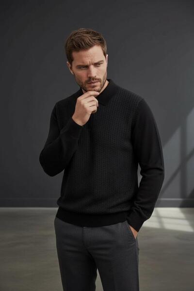 Sarar Πουλόβερ με φερμουάρ και γιακά πόλο, μαύρο καπνιστό πλεκτό πουλόβερ