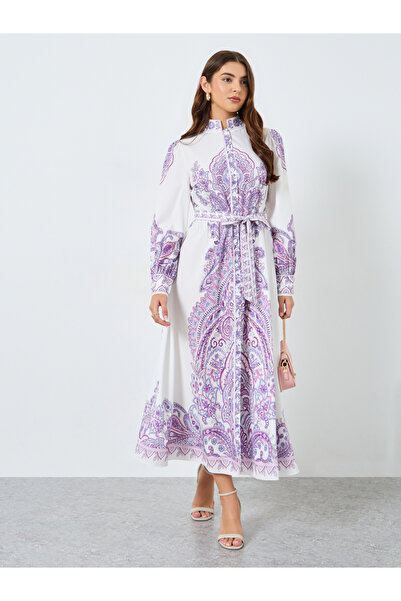 Take Two By Styli Floral Printed Stand-up Collar Belted Maxi Dress