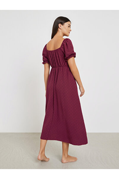 Styli Dobby Pattern Ruched V Neck Nightdress with Puff Sleeves