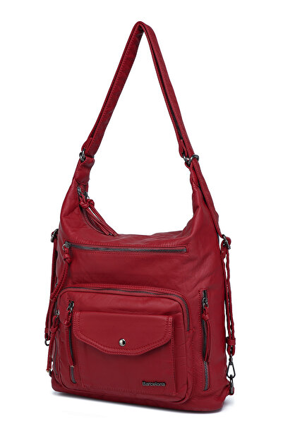 Hüvendo Barcelona Multi-Pocket Daily Adjustable Strap Large Size Women's Shoulder and Backpack Burgundy
