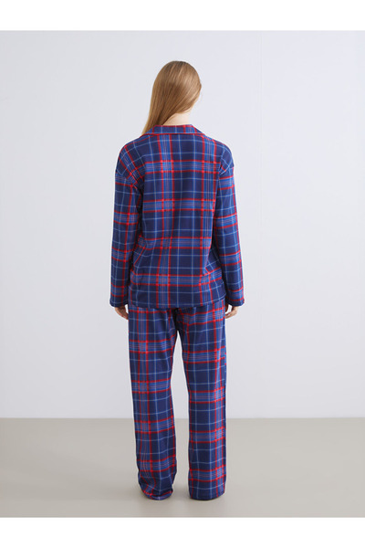 LC Waikiki Young Navy Blue Shirt Collar Plaid Women's Pajama Set