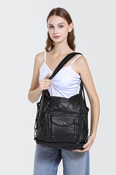 Hüvendo Barcelona Multi-Pocket Casual Adjustable Strap Large Size Women's Shoulder and Backpack Black
