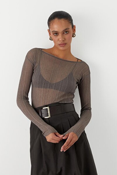 MARKALİSTE Ημιδιαφανές μακρυμάνικο μπλουζάκι κοτλέ βιζόν