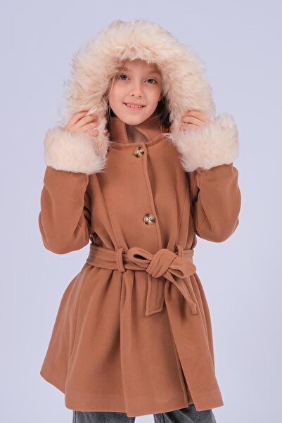 Perendi Παλτό για κορίτσια με λεπτομέρεια από γούνα με κουκούλα με ζώνη – Καφέ