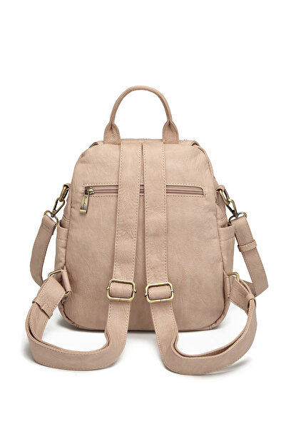 Hüvendo Barcelona Multi-Pocket Cover Detailed Casual Medium Size Women's Backpack Dark Beige