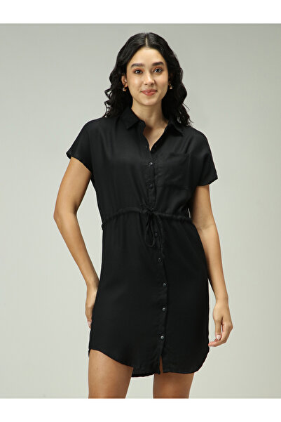 Outzidr By Styli Black Shirt Dress with Elasticated Waist