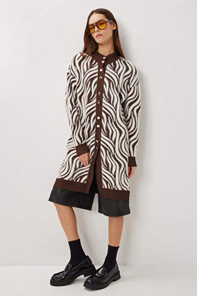 Lovelyİstanbul Patterned Long Knit Cardigan Lnx0015 Brown Bone