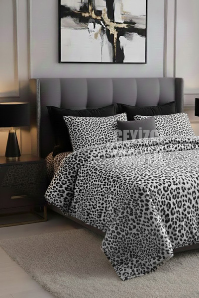 Çt Çeyizci Tekstil Double Leopard Printed Bedspread Black - White