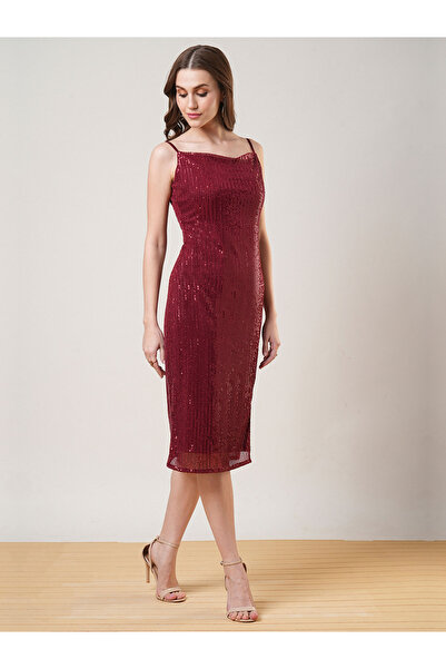 Globus By Styli Maroon Cowl Neck Strappy Sequined Midi Dress