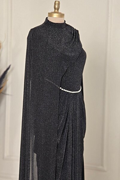 Yonca Moda Evi Siyah Simli Tül Tesettür Abiye 5480