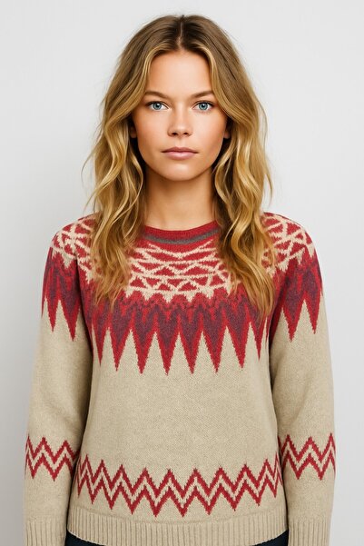 Okçu Triko Ethnic Patterned Knitwear-25K43783-Ekru-16