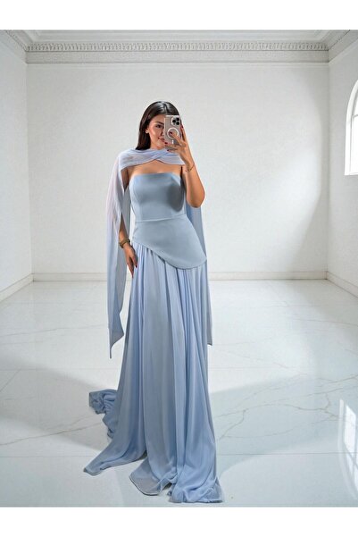 OLA Oriva Korseli Şifon Fular Detaylı Bebe Mavi Abiye Elbise-36