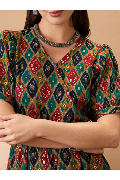 Globus By Styli Ethnic Motifs Print Flared Wide Leg Fusion Jumpsuit