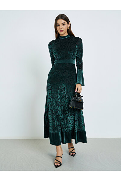 Styli Teal Velvet Look Long Sleeves A-Line Maxi Dress