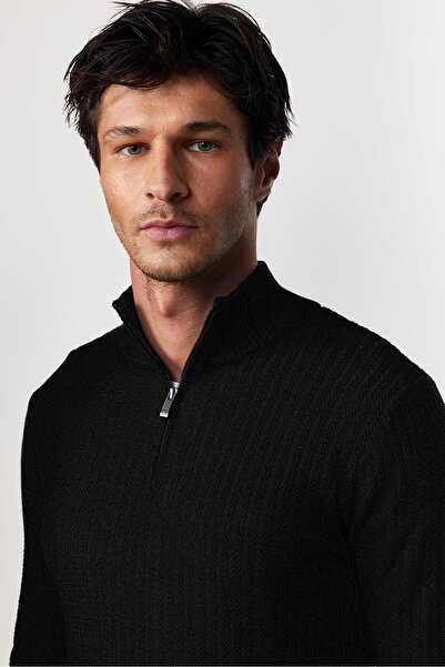 Tudors Ανδρικό πουλόβερ με εφαρμοστό φερμουάρ, μαύρο πουλόβερ ψηλός λαιμός