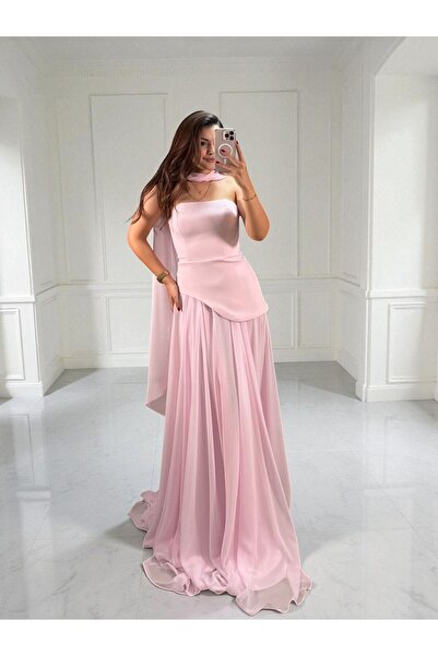 OLA Oriva Korseli Şifon Fular Detaylı Pudra Pembe Abiye Elbise