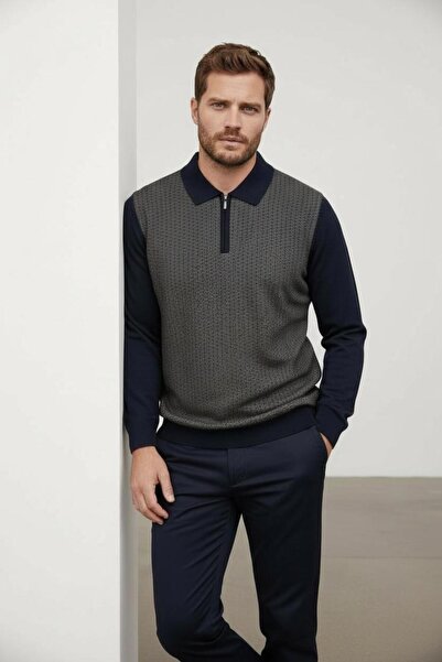 Sarar Πλεκτό πουλόβερ με φερμουάρ και γιακά πόλο σε μπλε ναυτικό μπεζ