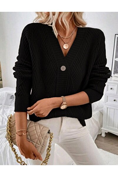 SolQ Baklava Patterned Buttoned Model Woven Detailed Long Sleeve Knitwear Cardigan