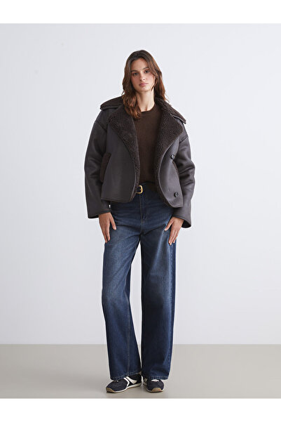 LC Waikiki Vision Brown Fur Collar Oversized Women's Suede Mo