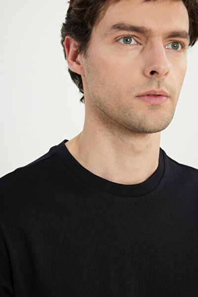 ALTINYILDIZ CLASSICS Men's Black 100% Cotton Slim Fit Slim Fit Crew Neck Jacquard T-Shirt