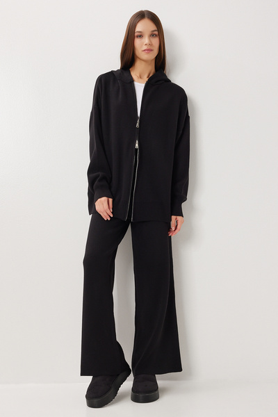 Lovelyİstanbul Hooded Zippered Knitwear Bottom-Top Set Lmt0051 Black
