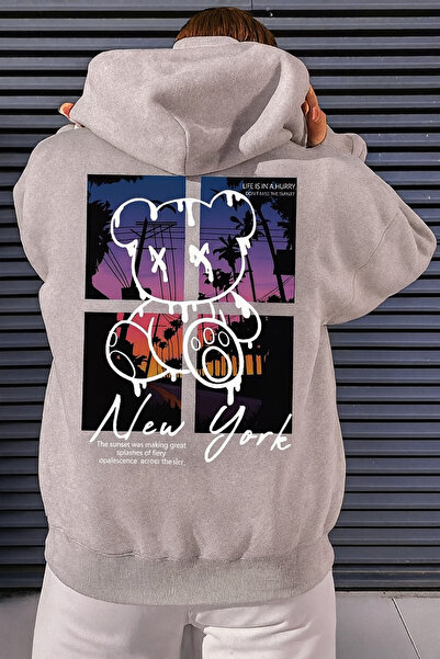 CLASSY.MODA Men's Oversized Hooded Sweatshirt – Colorful Bear Silhouette and New York Sunset Printed