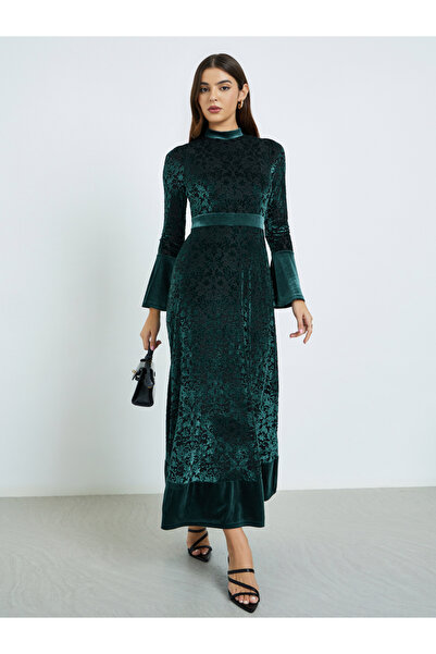 Styli Teal Velvet Look Long Sleeves A-Line Maxi Dress